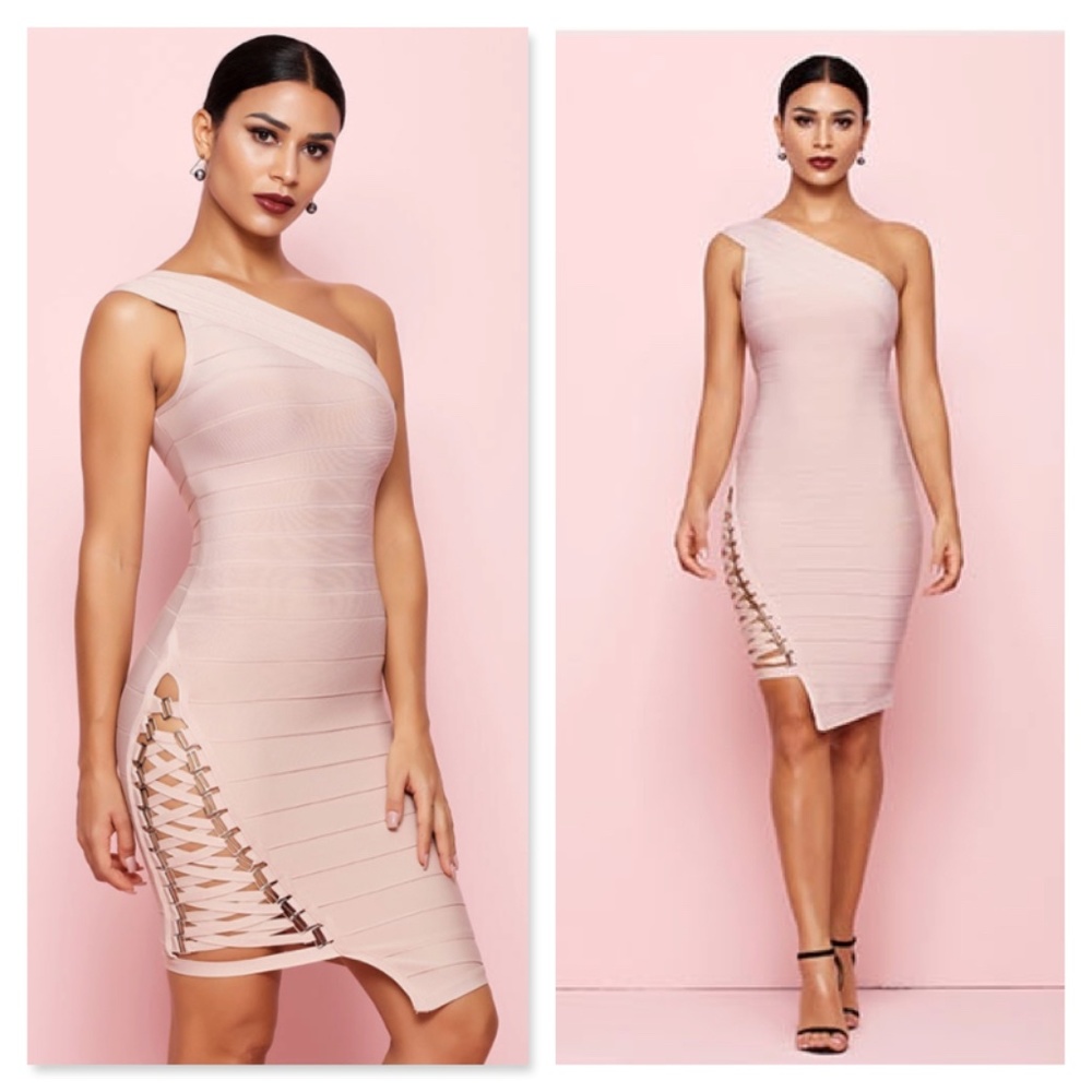 Bandage One Shoulder Strappy Dress Blush Nude - Picture 2 of 8